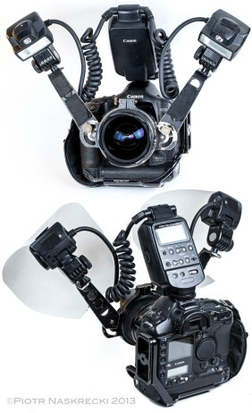 Custom flash brackets that I use in most of my wide-angle macrophotography. They are designed to be mounted directly on the front of the lens, and fit lenses with the diameter of 58-82mm.